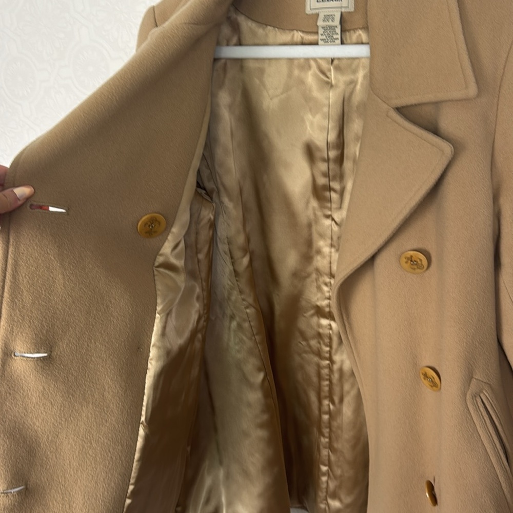 LL Bean Peacoat Tan Wool Nylon Double Breasted Size 12 Cream Beige Coat Jacket - Picture 8 of 8